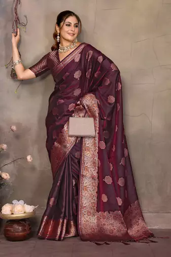 Magenta pink satin banarasi design saree with woven design border