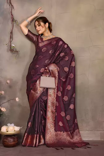 Magenta pink satin banarasi design saree with woven design border