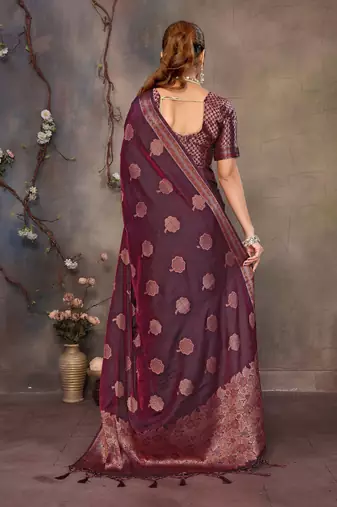 Magenta pink satin banarasi design saree with woven design border