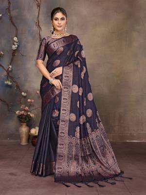 Navy blue satin banarasi design saree with woven design border 1