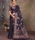 Navy blue satin banarasi design saree with woven design border