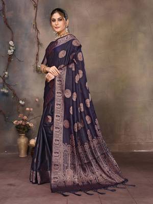 Navy blue satin banarasi design saree with woven design border 2