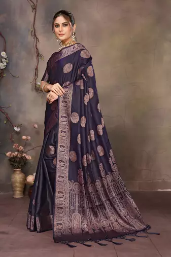 Navy blue satin banarasi design saree with woven design border