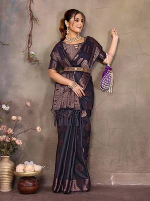 Navy blue satin banarasi design saree with woven design border 3