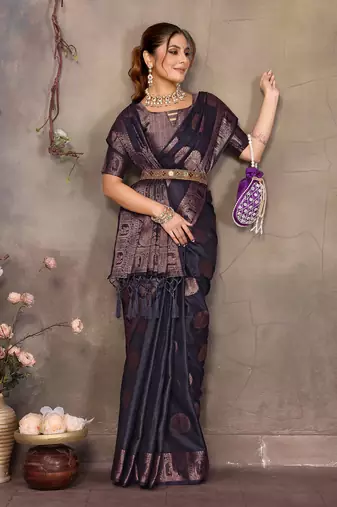 Navy blue satin banarasi design saree with woven design border