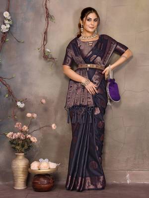 Navy blue satin banarasi design saree with woven design border 4