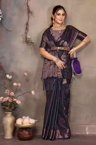 Navy blue satin banarasi design saree with woven design border