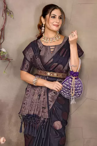 Navy blue satin banarasi design saree with woven design border
