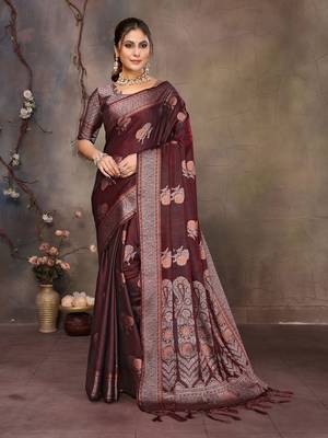 Wine satin banarasi design saree with woven design border 1