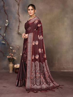 Wine satin banarasi design saree with woven design border 2