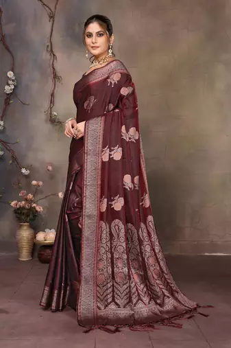Wine satin banarasi design saree with woven design border