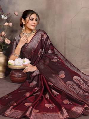 Wine satin banarasi design saree with woven design border 3
