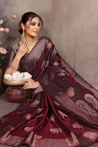Wine satin banarasi design saree with woven design border