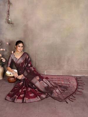 Wine satin banarasi design saree with woven design border 4
