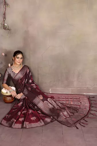 Wine satin banarasi design saree with woven design border