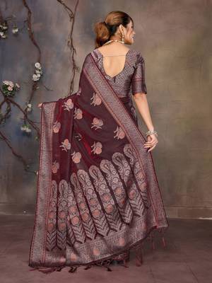 Wine satin banarasi design saree with woven design border 5