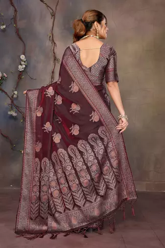 Wine satin banarasi design saree with woven design border