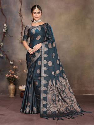 Teal blue satin banarasi design saree with woven design border 1