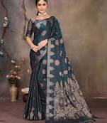 Teal blue satin banarasi design saree with woven design border
