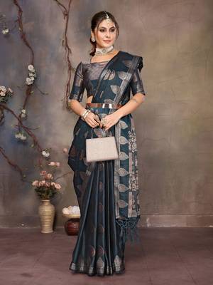 Teal blue satin banarasi design saree with woven design border 2