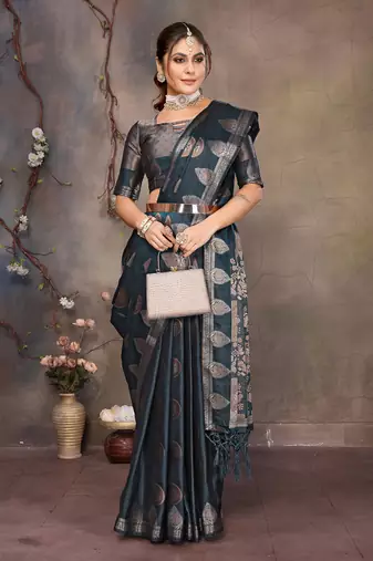Teal blue satin banarasi design saree with woven design border