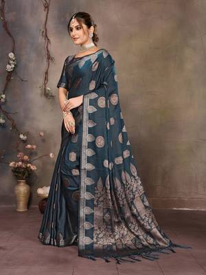 Teal blue satin banarasi design saree with woven design border 3