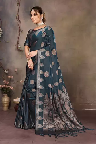 Teal blue satin banarasi design saree with woven design border