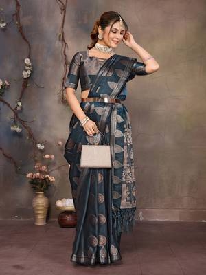 Teal blue satin banarasi design saree with woven design border 4