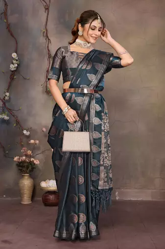 Teal blue satin banarasi design saree with woven design border