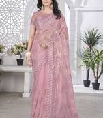 onian-pink sequins pite work with thread embroidered and cutwork tissue net wedding saree