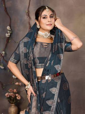Teal blue satin banarasi design saree with woven design border 5