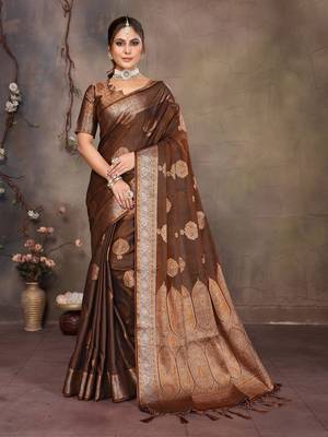 Copper satin banarasi design saree with woven design border 1