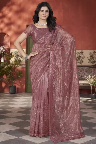 onian-pink two-tone sequins thread embroidered with cutwork border tissue net saree