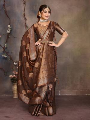 Copper satin banarasi design saree with woven design border 2