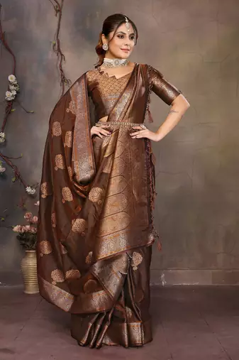 Copper satin banarasi design saree with woven design border