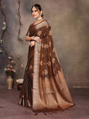 Copper satin banarasi design saree with woven design border 4