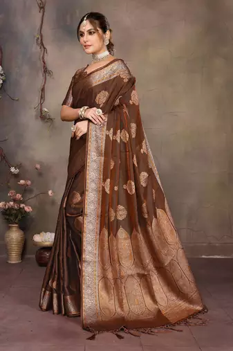 Copper satin banarasi design saree with woven design border