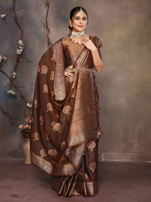 Copper satin banarasi design saree with woven design border 5