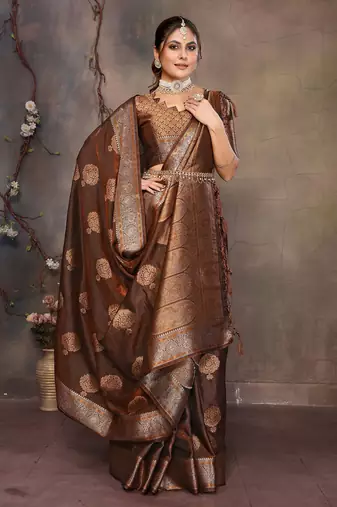 Copper satin banarasi design saree with woven design border