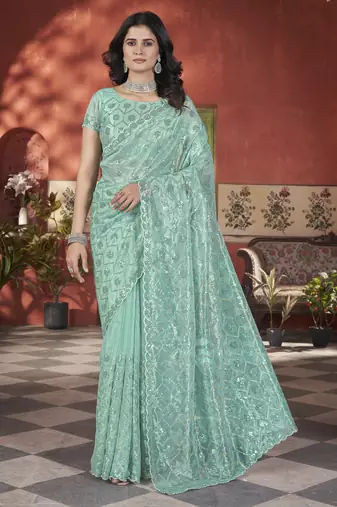 Bewitching sea-green sequins & pite work with thread embroidered and cutwork border tissue net indian designer saree