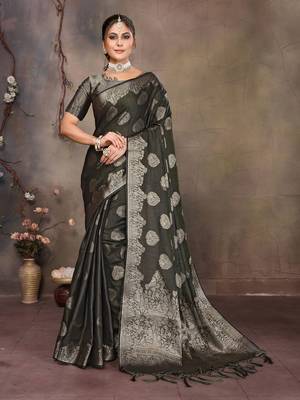 Dark green satin banarasi design saree with woven design border 1