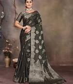 Dark green satin banarasi design saree with woven design border