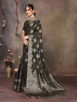 Dark green satin banarasi design saree with woven design border 2