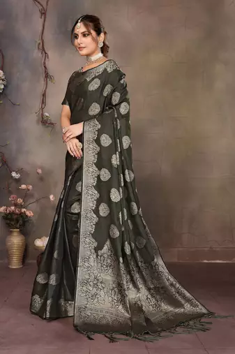 Dark green satin banarasi design saree with woven design border