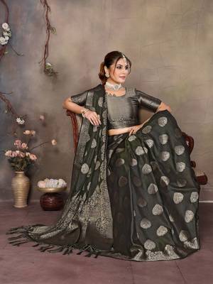 Dark green satin banarasi design saree with woven design border 3