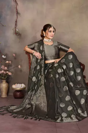 Dark green satin banarasi design saree with woven design border