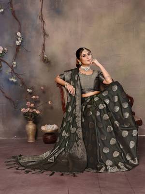 Dark green satin banarasi design saree with woven design border 4