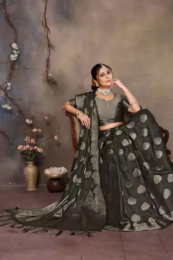 Dark green satin banarasi design saree with woven design border