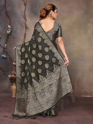 Dark green satin banarasi design saree with woven design border 5