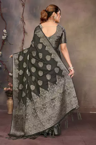 Dark green satin banarasi design saree with woven design border